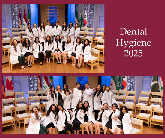 Dental Hygiene Class of 2025 students pose together on stage during a dedication ceremony, wearing white coats for a formal group photo