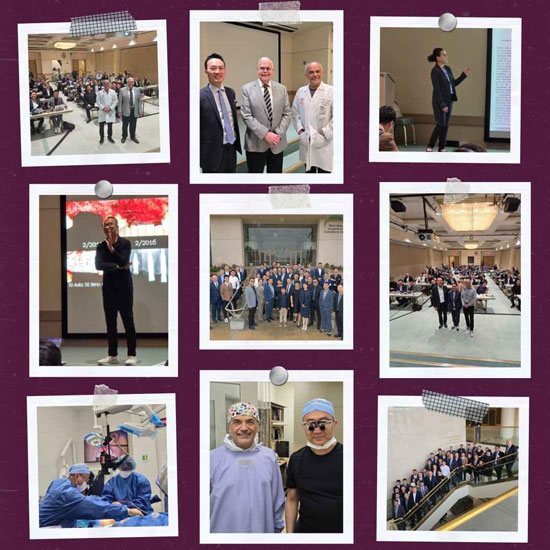 Photo collage showing international dental professionals participating in a continuing education course at Loma Linda University School of Dentistry, including lectures, group photos, and hands-on clinical training.