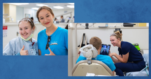 Dental students interact with a patient during a community visit inside a clinical learning environment at Loma Linda University School of Dentistry