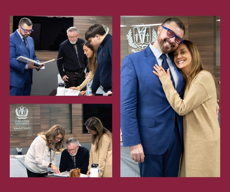 Photo collage showing a Dr. Vlad and Dr. Laura at the Loma Linda University School of Dentistry, including small group discussions, photo album review, and a posed photo in a conference setting.