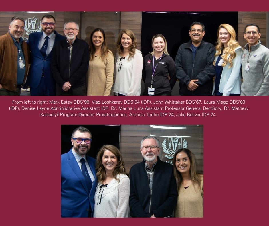 Photo collage showing International Dentist Program faculty, alumni, and students gathered at the Loma Linda University School of Dentistry during a campus visit.