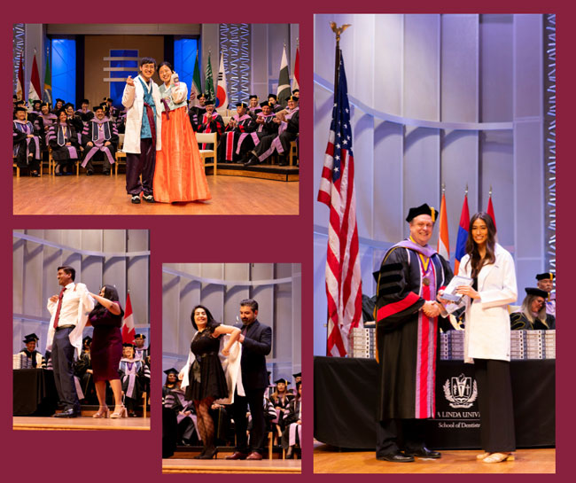 Participants celebrating during a School of Dentistry dedication ceremony, with onstage presentations and ceremonial moments