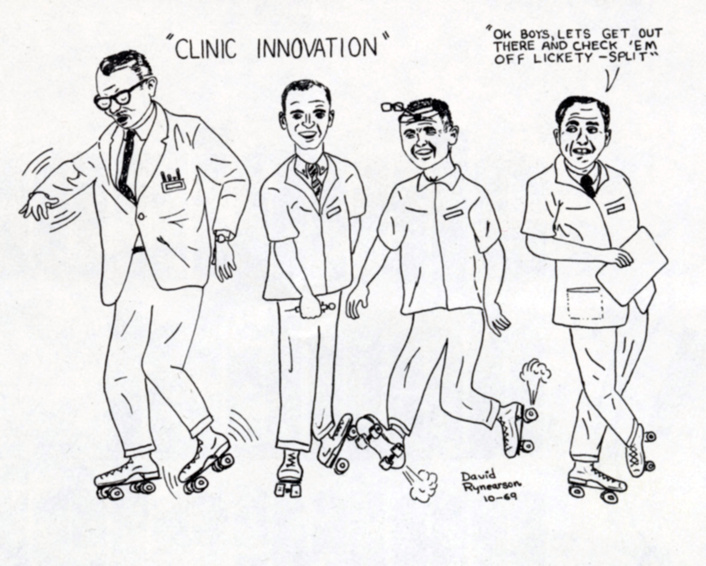 Vintage orthodontic training cartoon titled “Clinic Innovation” showing clinicians on roller skates in a humorous office scene.