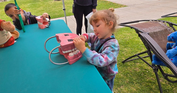 A young child uses a toothbrush to clean a large dental model on a table during Children's Day 2025