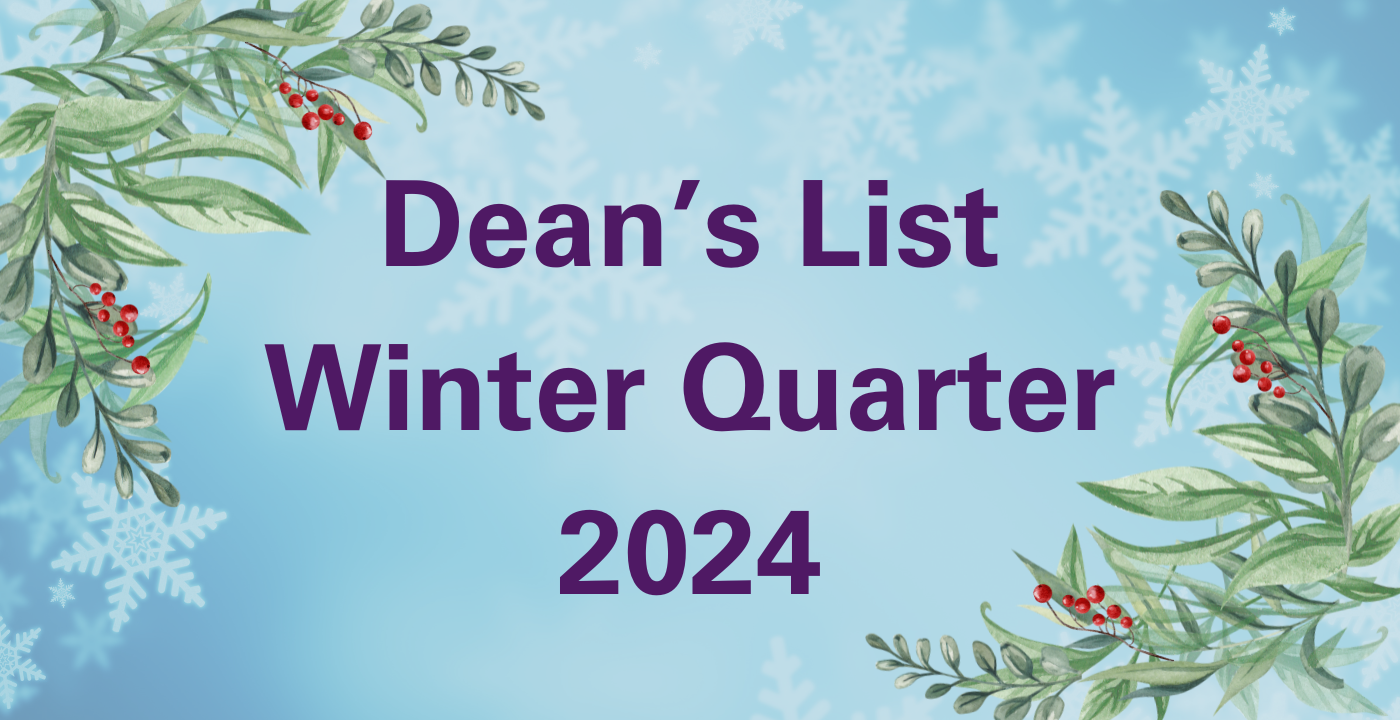 Winter image with text Dean's List Winter Quarter 2024