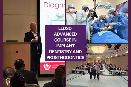 Collage showing instruction and hands-on training during the LLUSD Advanced Course in Implant Dentistry and Prosthodontics, including lectures, surgical procedures, and classroom sessions.