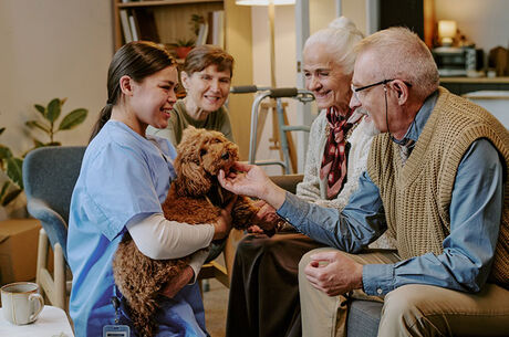 A dental hygiene professional introduces a therapy dog to two elderly patients to help reduce dental anxiety during a visit.