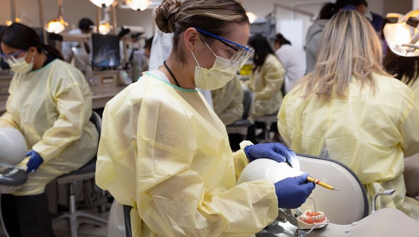 students in masks working on test patients