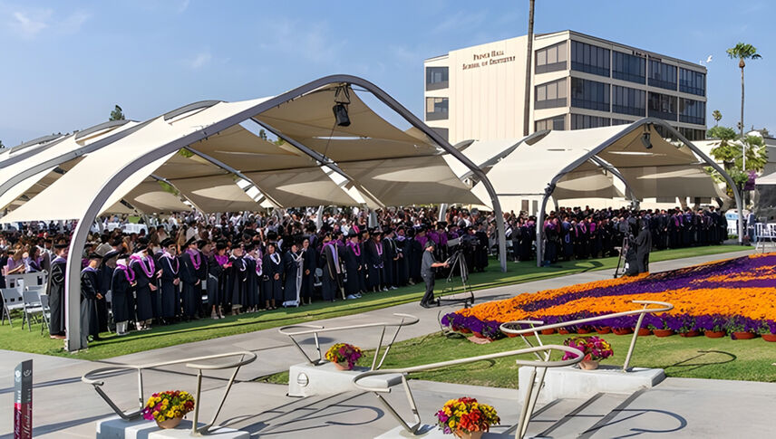 graduation tents on campus lawn