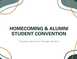 Graphic announcing the Homecoming and Alumni Student Convention with event dates displayed on a decorative abstract background