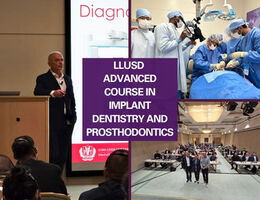 Collage showing instruction and hands-on training during the LLUSD Advanced Course in Implant Dentistry and Prosthodontics, including lectures, surgical procedures, and classroom sessions.