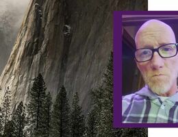 Website banner featuring a mountain landscape alongside a portrait photo of David framed in purple.